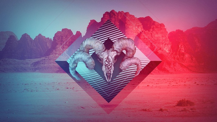 Ram skull with geometric shapes in a desert landscape