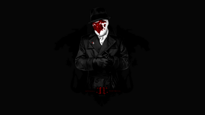 Rorschach from Watchmen on a dark background
