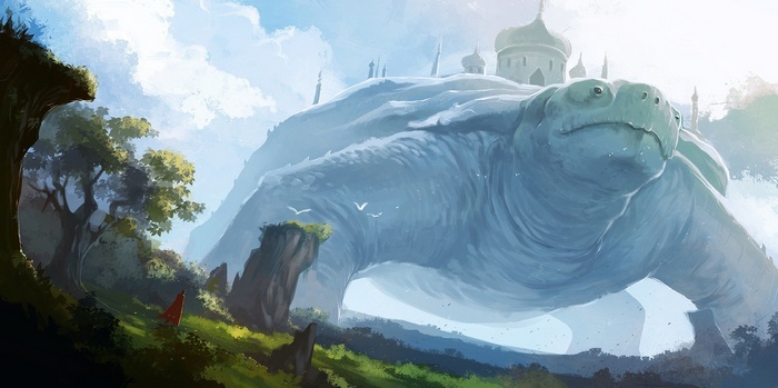 Giant turtle with a city on its back