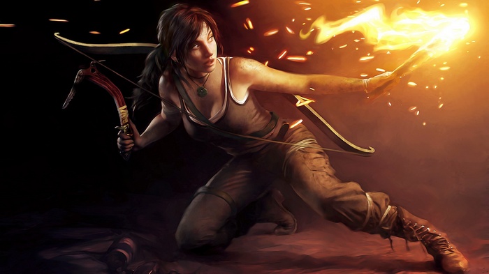 Lara Croft with bow and flaming arrow