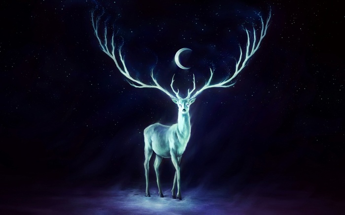 Fantasy art of a glowing deer with antlers and a crescent moon