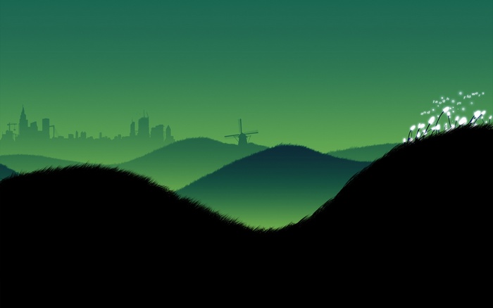 Green landscape with city skyline and windmill