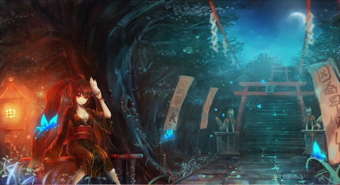 Anime girl with fox mask in a shrine at night