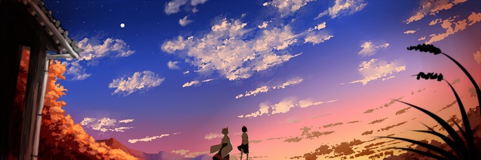 Two figures stand under a twilight sky with clouds