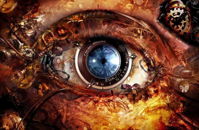 Steampunk mechanical eye with camera lens