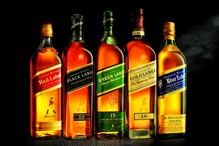 Johnnie Walker Red, Black, Green, Gold, and Blue Label bottles