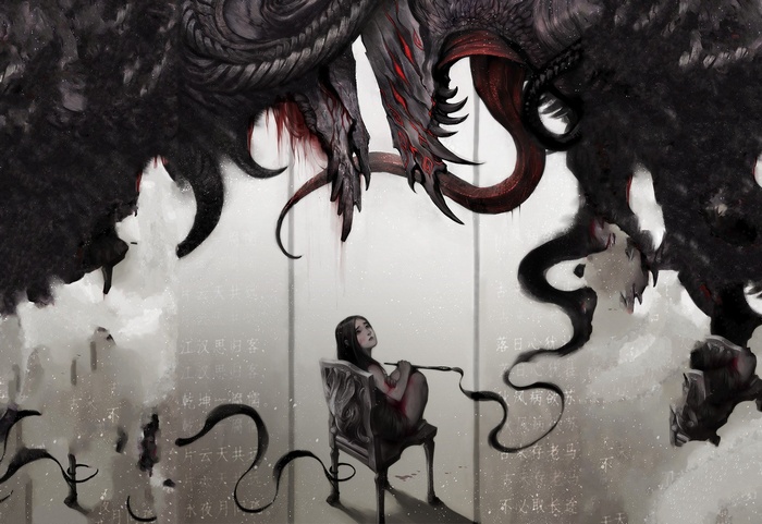Girl and a dark creature in a surreal setting