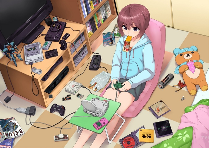 Anime girl playing video games in a room