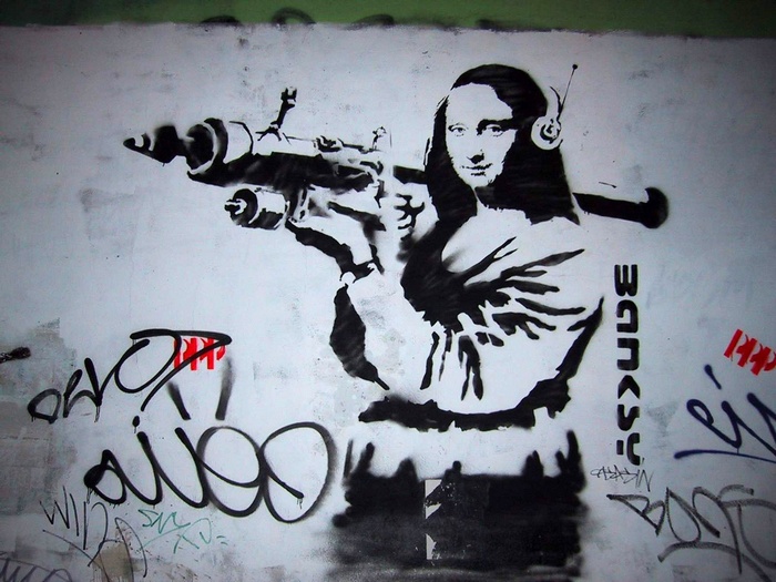 Banksy Mona Lisa with Rocket Launcher Graffiti