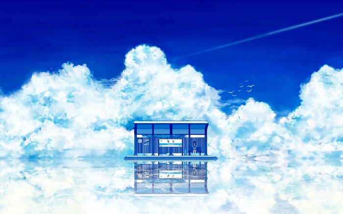 Anime bus stop reflected on water under a cloudy sky