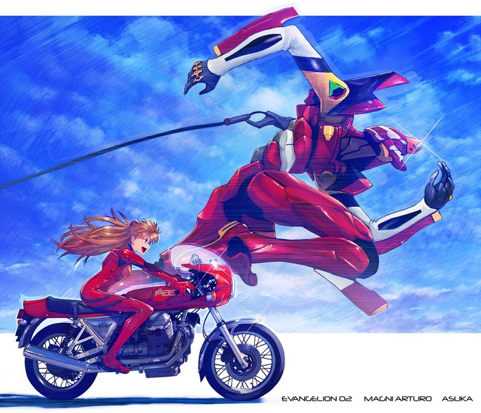 Asuka Langley Soryu and EVA Unit 02 on a motorcycle