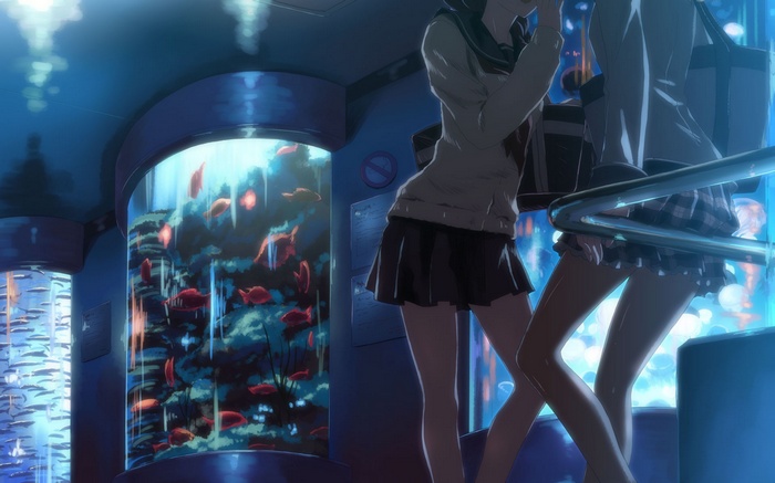 Anime girls in school uniforms at an aquarium