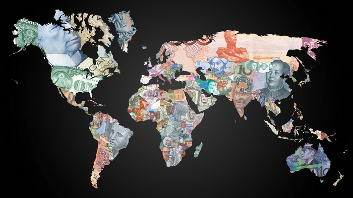 World map composed of various currencies