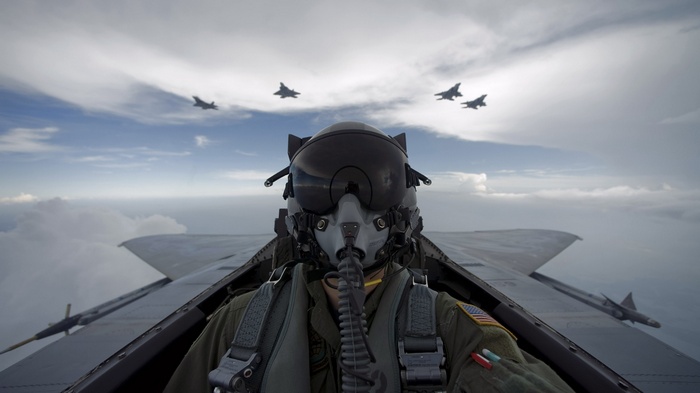 F-15 Eagle pilot in cockpit with formation