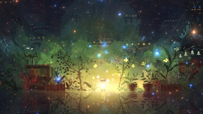 Fantasy garden at night with stars and glowing lights