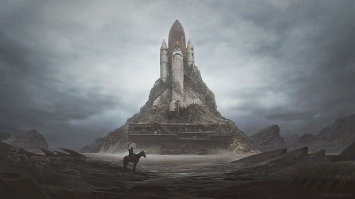 A lone rider on a horse in a wasteland with a space shuttle.
