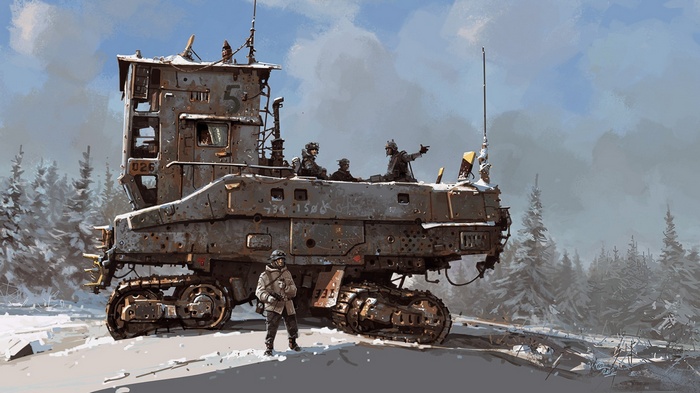 Apocalyptic tracked vehicle with soldiers in a snowy forest