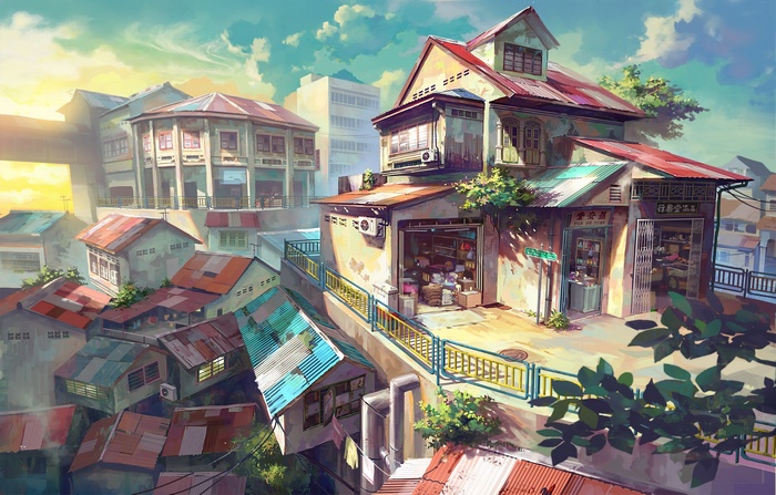 Anime cityscape with old buildings and sky