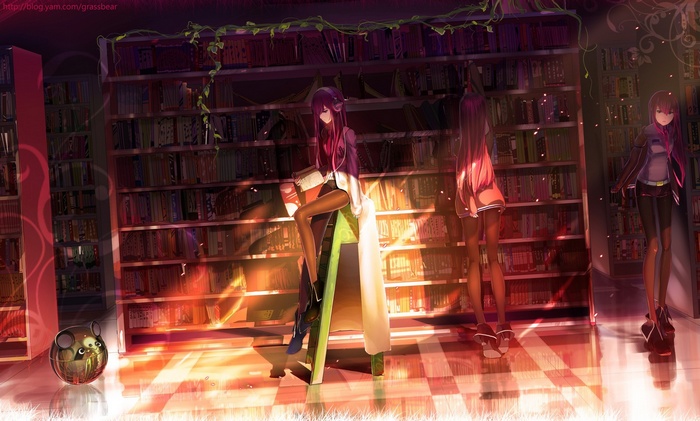 Makise Kurisu and friends in a library