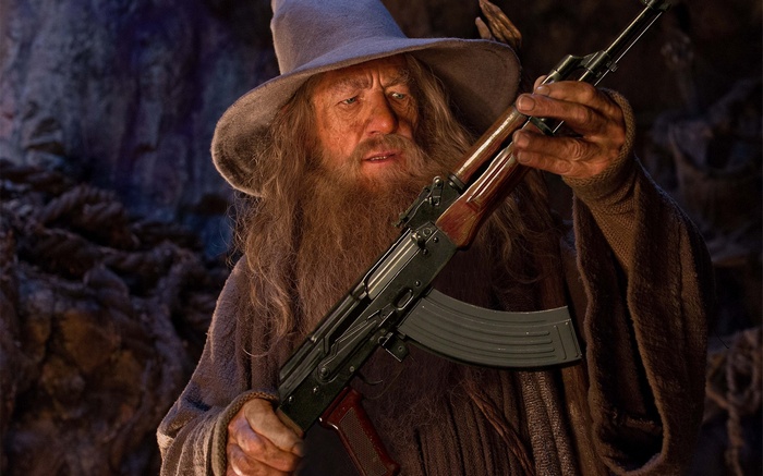 Gandalf the wizard holding an AKM rifle