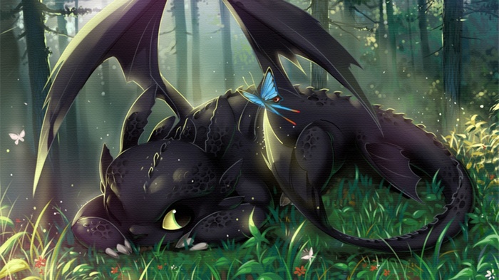 Toothless the dragon with a butterfly in a forest