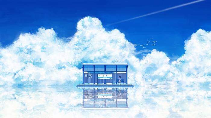 Anime bus station reflected in the sky with clouds and birds
