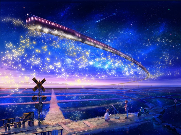Anime train traveling through a starry night sky