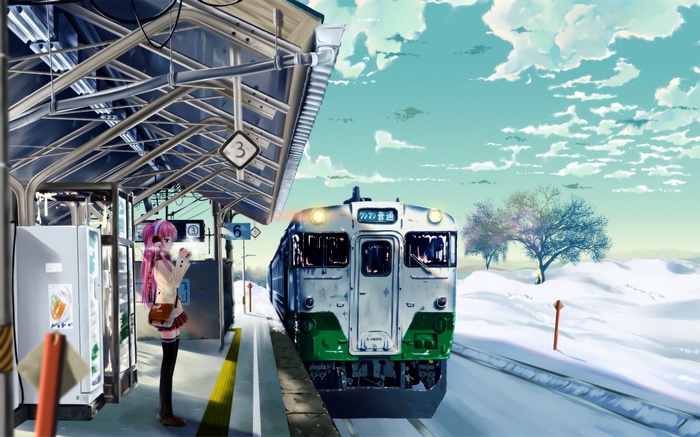 Train Anime Girls Sky Anime Headphones Vehicle Artwork Women Winter Train Station