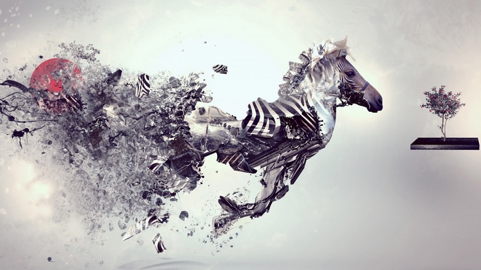 Abstract zebra horse dissolving into particles with a tree