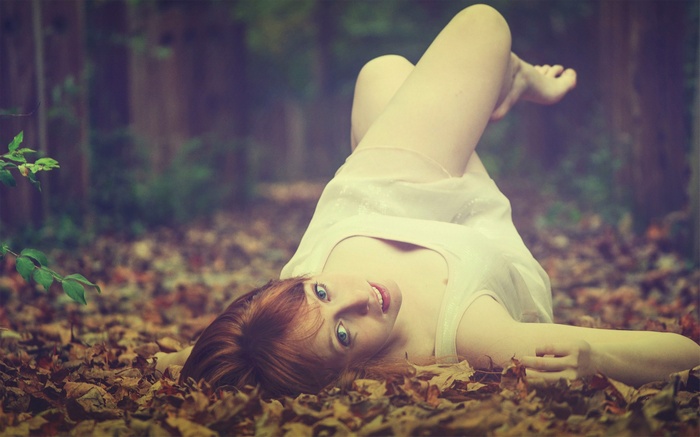 Women Redhead Women Outdoors Nature Forest Dress Barefoot Blue Eyes Fall Leaves Lying Down Depth of Field Legs Up White Dress