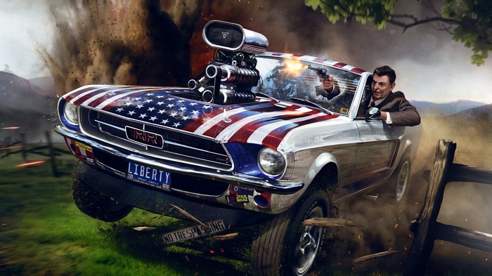 Ronald Reagan driving a Ford Mustang with Stars and Stripes