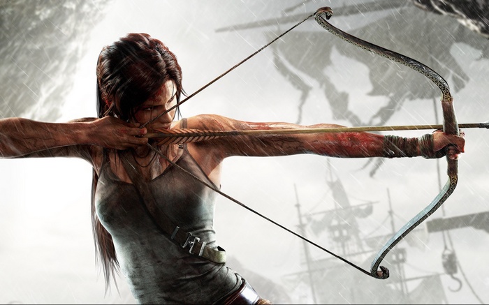 Lara Croft aiming a bow and arrow in the rain