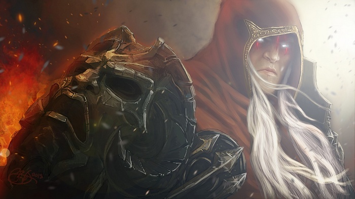 Darksiders character with fiery background