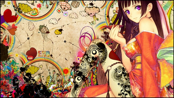 Anime girl with purple eyes in kimono with tattoos