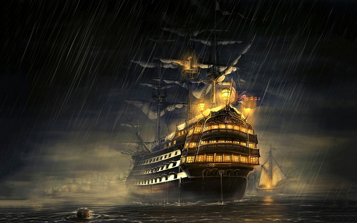 Royal Navy Sailing Ship Manowar Sea Rain Artwork