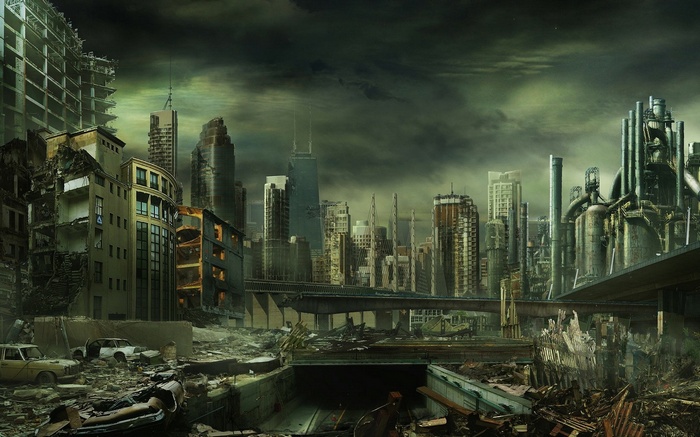 Dystopian apocalyptic city with ruined buildings and industrial structures