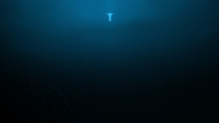 Deep sea creature and diver in dark blue water