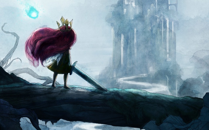 Aurora with a sword and a castle in Child of Light