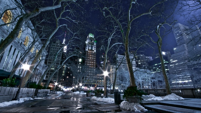 New York City park at night in winter