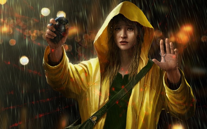 Girl in Rain Yellow Raincoat Crying Sad Artwork OmeN2501