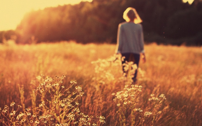 Woman walking through a golden field at sunset