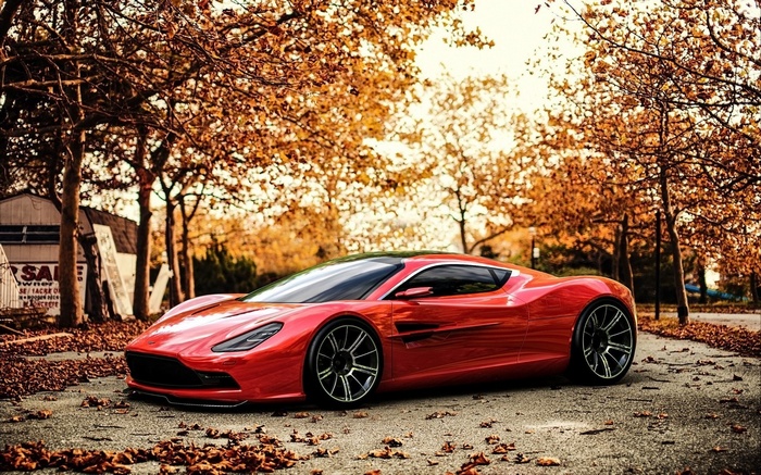 Red Aston Martin DBC concept car in autumn setting