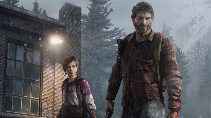 The Last of Us: Joel and Ellie in a rainy environment