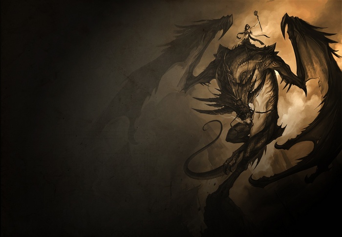 A woman rides a large dragon with a staff