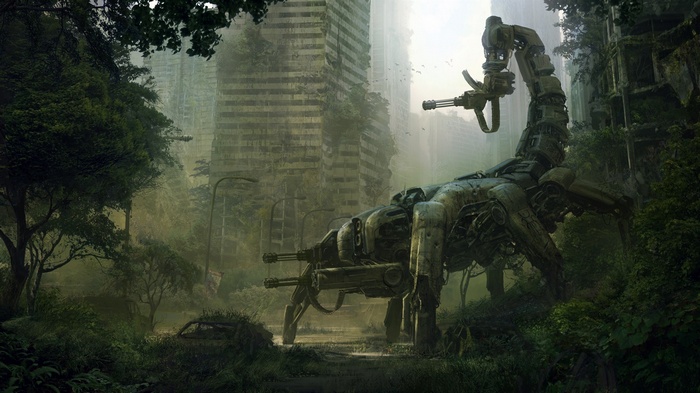 Apocalyptic robot scorpion in overgrown city ruins