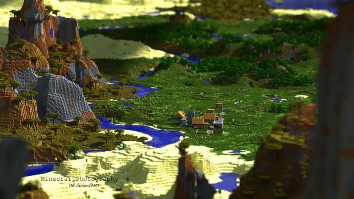 Minecraft village nestled in a vast landscape
