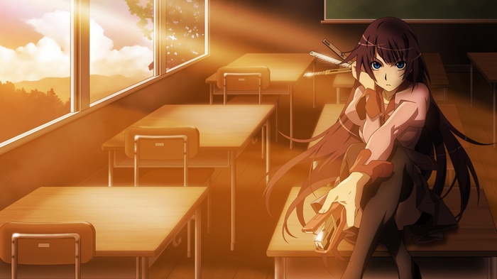 Senjougahara Hitagi in a classroom with sunlight