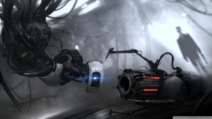 G-Man and GLaDOS in a dark, industrial setting