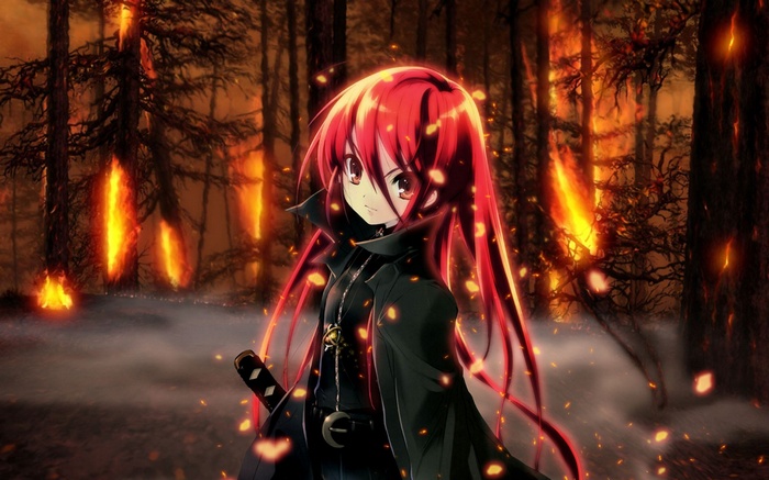 Shana in a burning forest with a sword