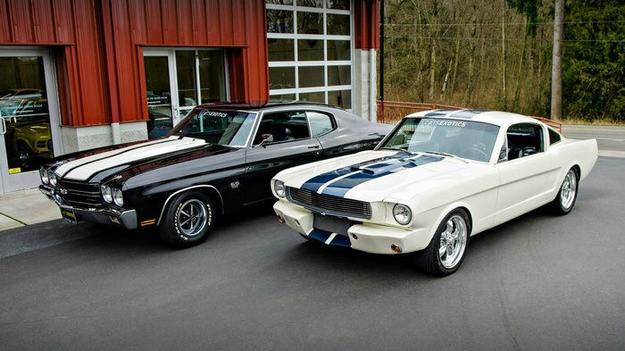 Black Chevrolet Chevelle and White Ford Mustang